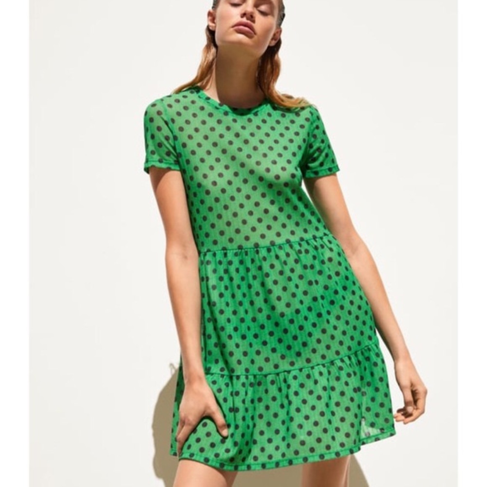 Zara green & black polka-dot dress, women’s size M short-sleeve flouncy mini